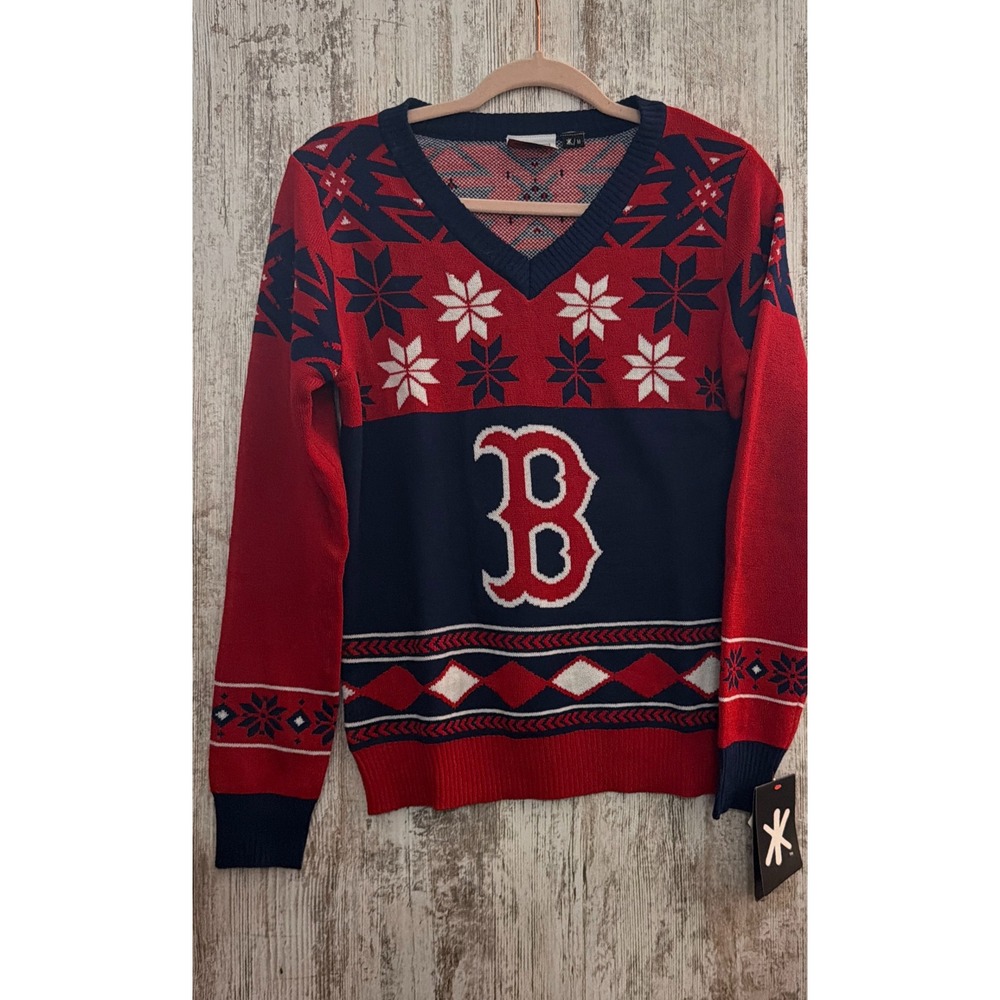 Boston Red Sox MLB Ugly Christmas Sweater Navy Red Fair Isle V-Neck Medium NWT